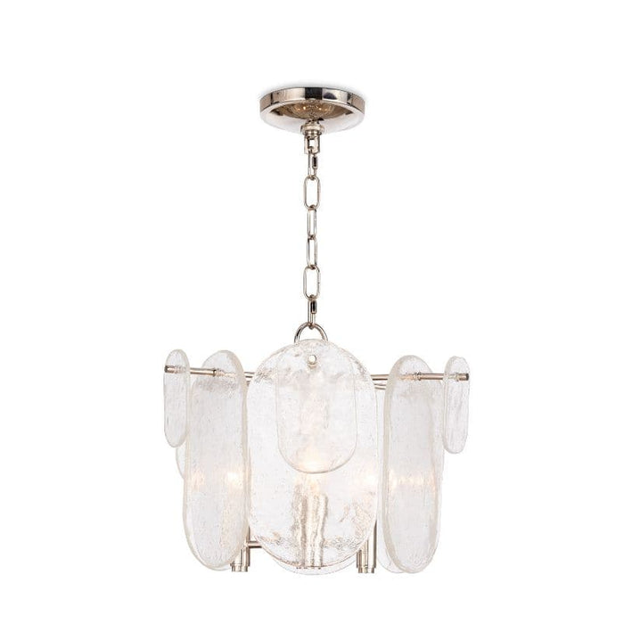 Modern Echo Pendant with clear water glass panes and polished nickel hardware.