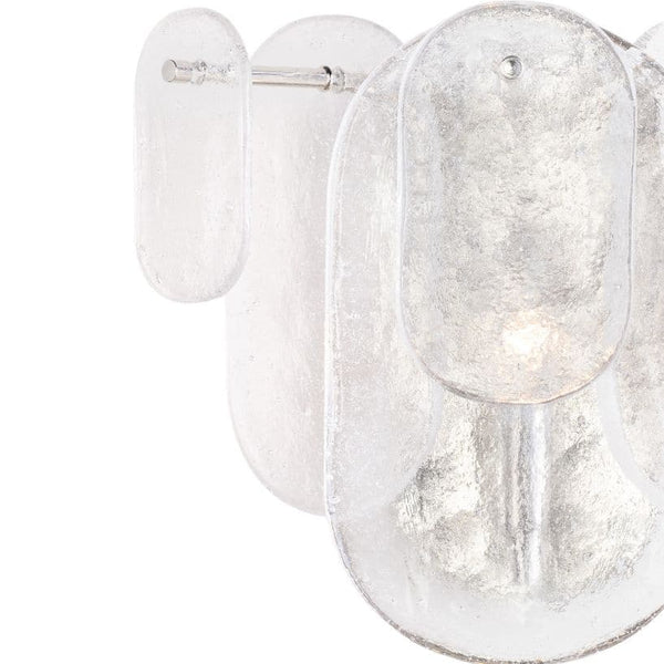 Modern Echo polished nickel sconce with textured water glass panes and a soft glow.