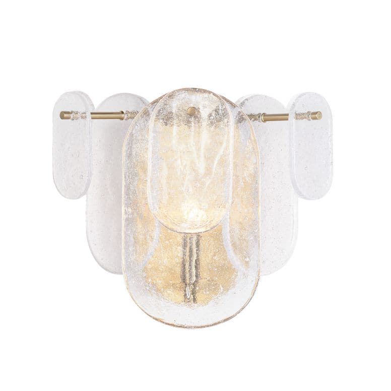 Echo Polished Nickel Natural Brass Sconce with textured water glass panes and soft glow.
