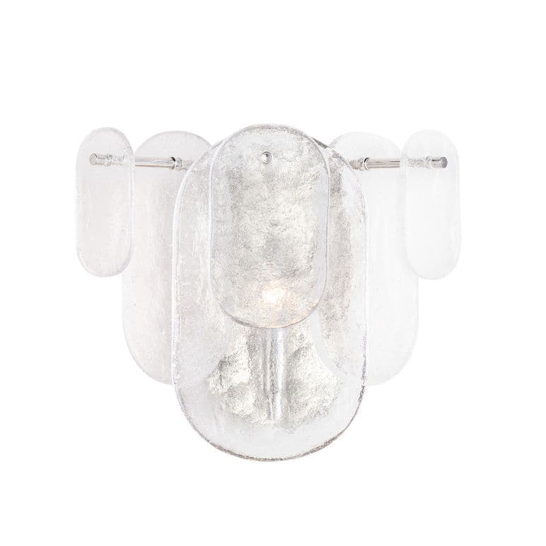 Modern Echo Polished Nickel Sconce with textured water glass panes and a soft glow.