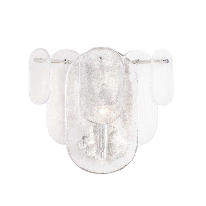 Modern Echo Polished Nickel Sconce with textured water glass panes and a soft glow.