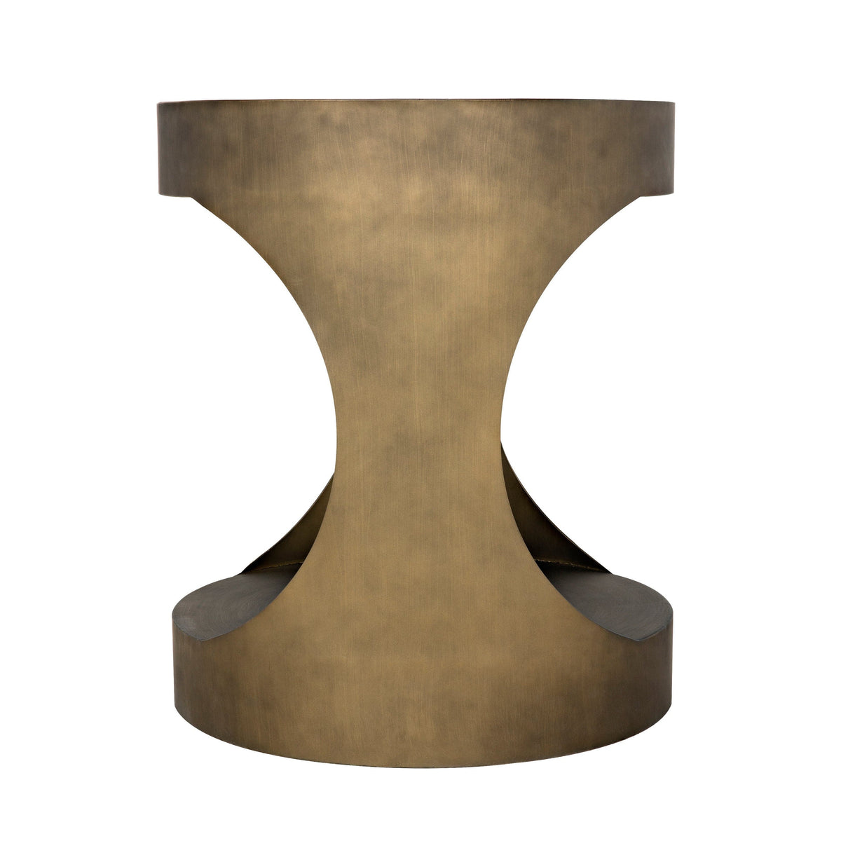 Eclipse Round Aged Brass Side Table, a modern metal table with an hourglass-shaped base.
