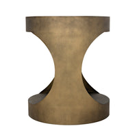 Eclipse Round Aged Brass Side Table, a modern metal table with an hourglass-shaped base.