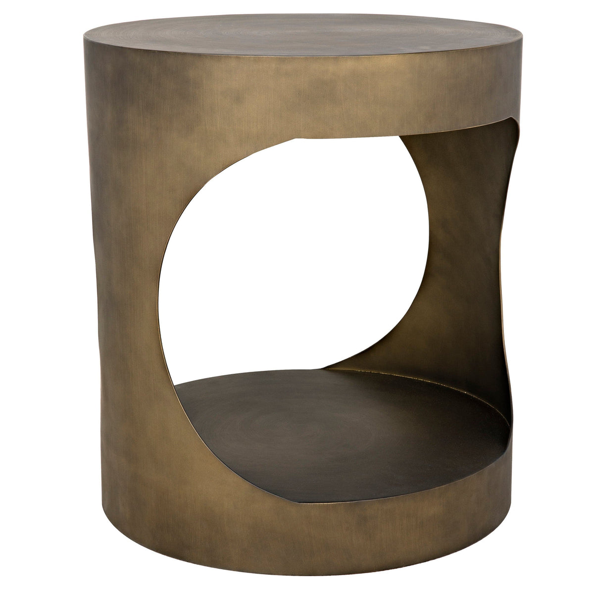 Eclipse Round Aged Brass Side Table, a modern metal table with a unique cutout design.