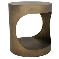 Eclipse Round Aged Brass Side Table, a modern metal table with a unique cutout design.