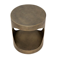 Eclipse Round Aged Brass Side Table with a quirky, sophisticated design and open storage.