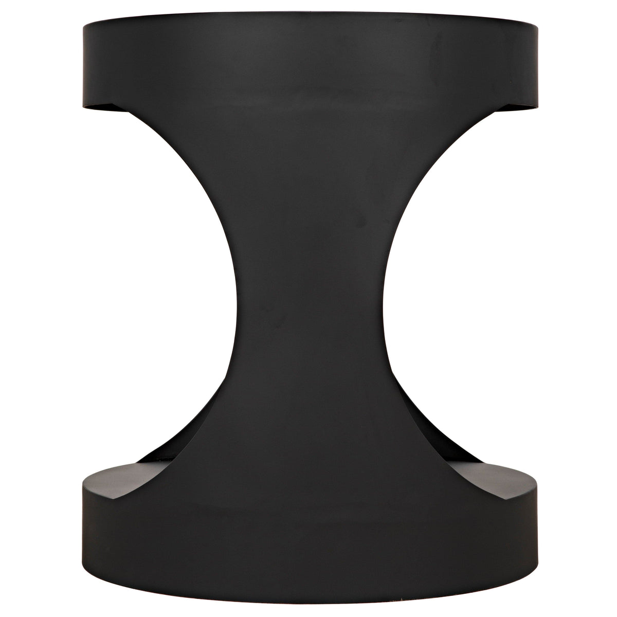 Matte black steel Eclipse round side table with an hourglass shape and cutout curves.