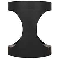 Matte black steel Eclipse round side table with an hourglass shape and cutout curves.