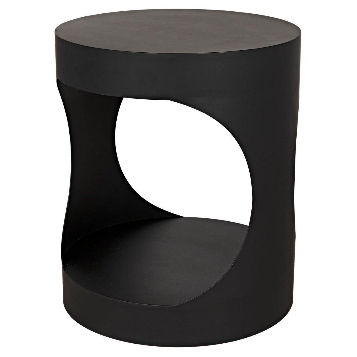 Matte black steel Eclipse round side table with an hourglass shape and cutout curves.