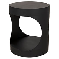 Matte black steel Eclipse round side table with an hourglass shape and cutout curves.