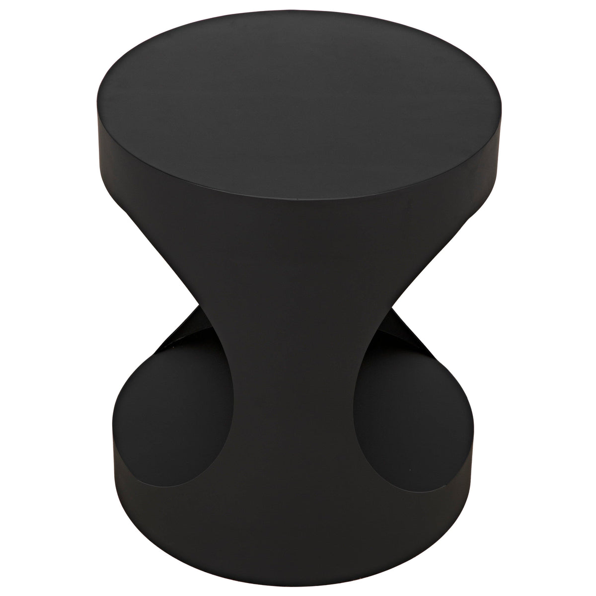 Matte black steel round side table with an hourglass shape and cutout curves.