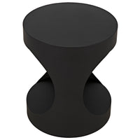 Matte black steel round side table with an hourglass shape and cutout curves.
