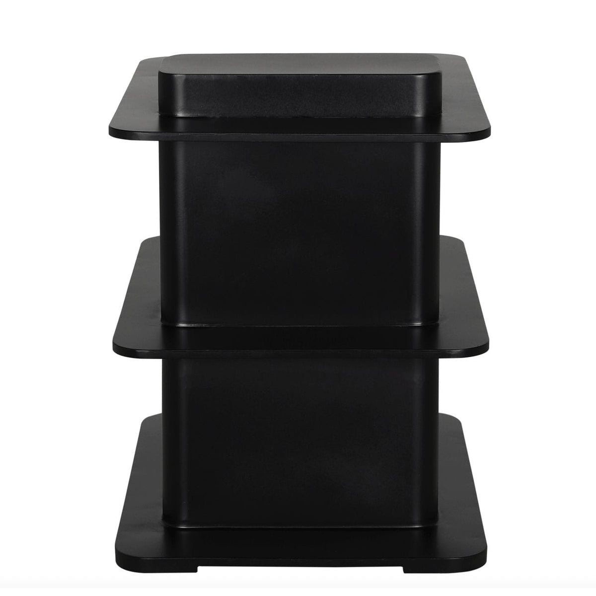 Ecolette matte black industrial steel 3-shelf side table with rounded edges.