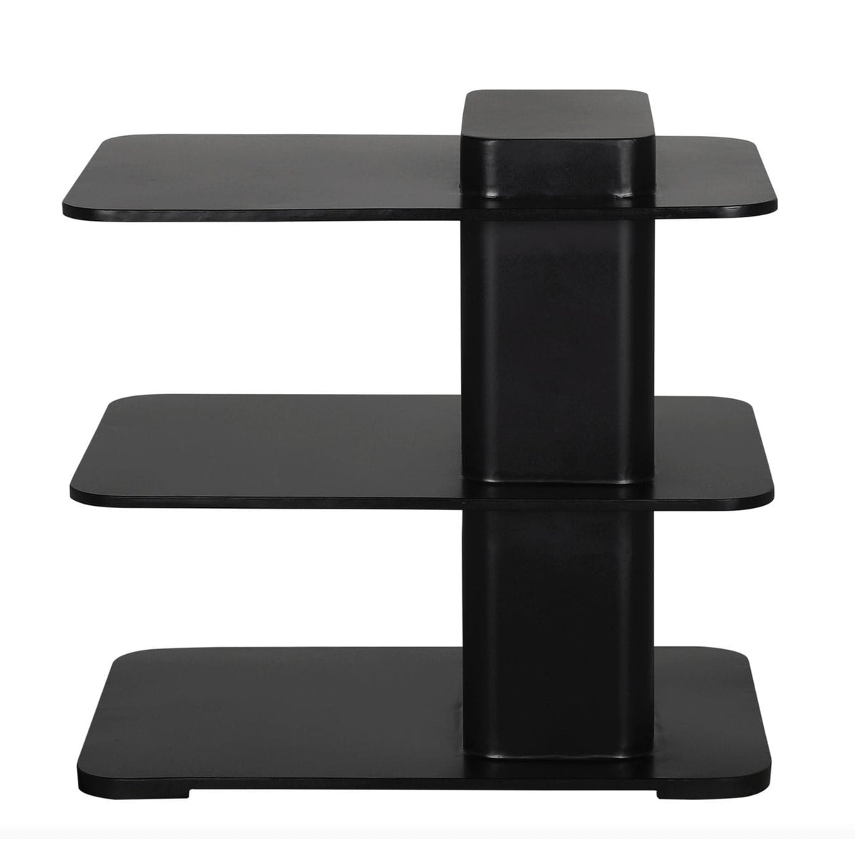 Ecolette matte black industrial steel 3-shelf side table with rounded edges and modern design.