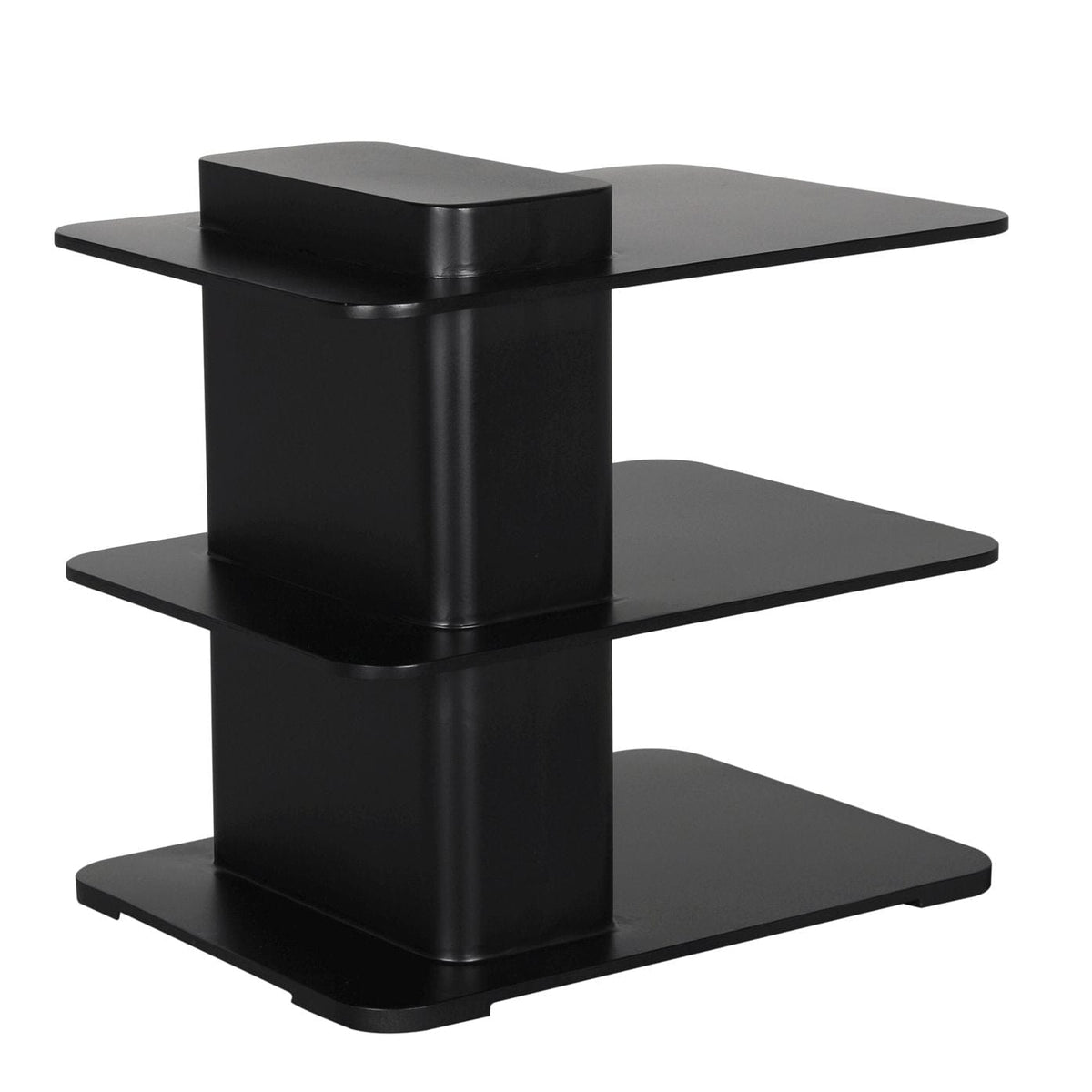Ecolette black steel 3-shelf side table with matte finish, modern design, and rounded edges.