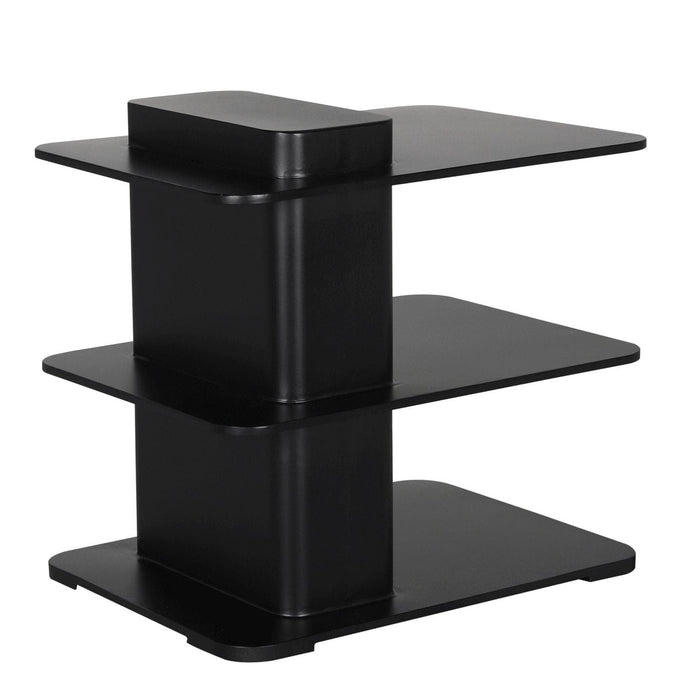 Ecolette black steel 3-shelf side table with matte finish, modern design, and rounded edges.
