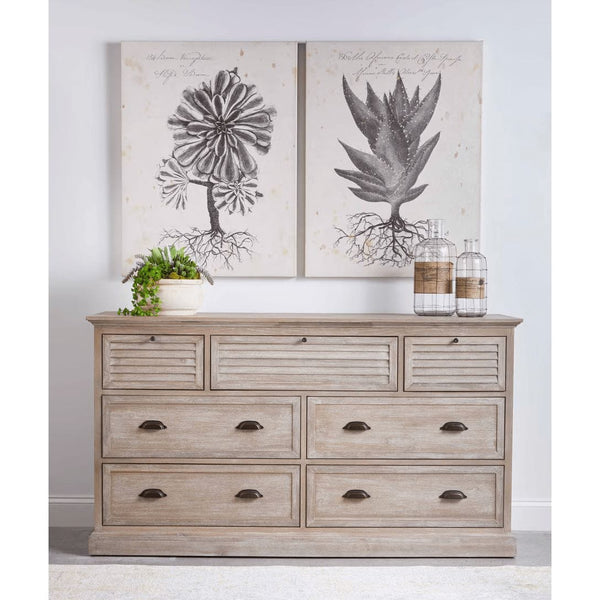 Eden Natural Gray 7-drawer acacia wood media dresser with louvered details and dark hardware.