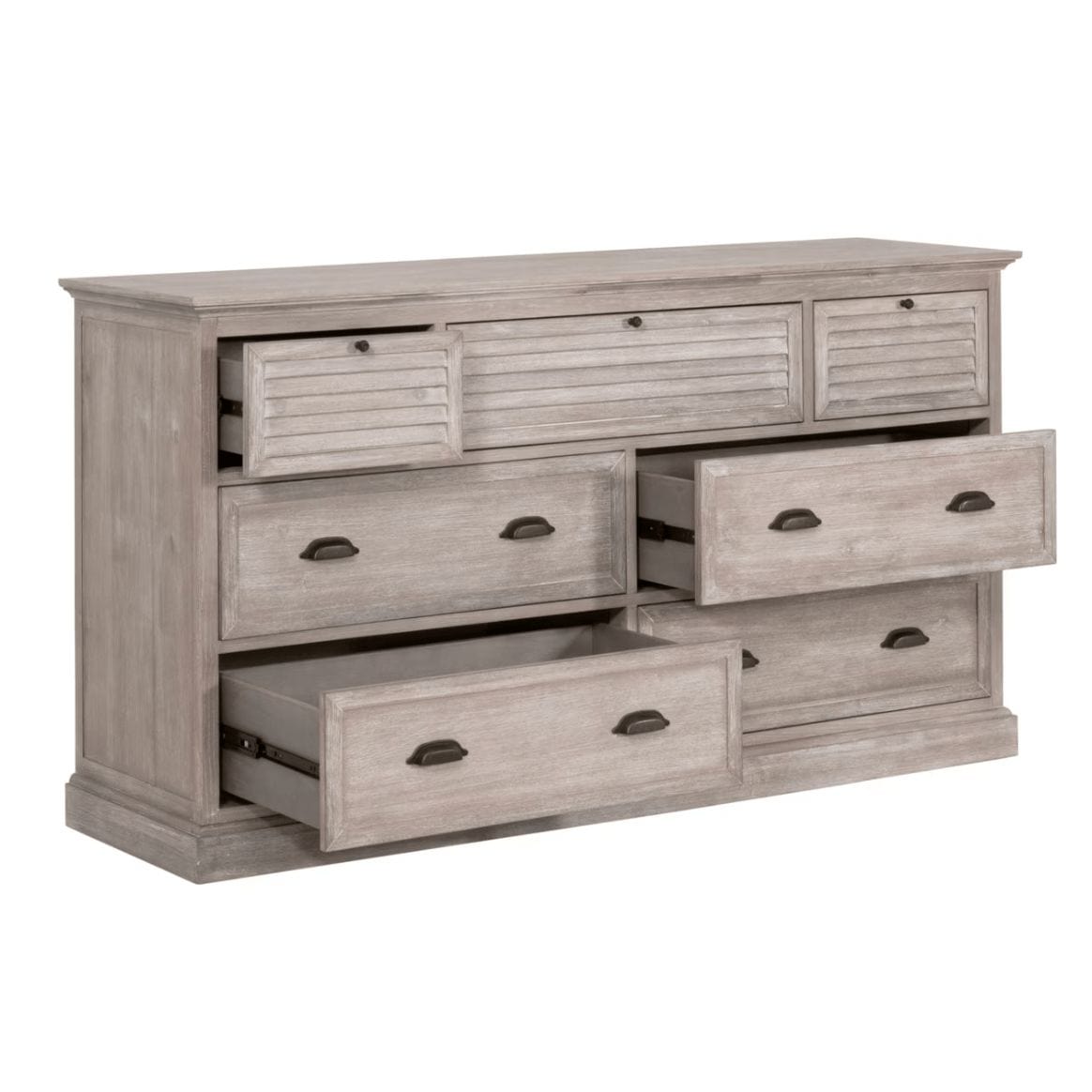 Eden Natural Gray acacia wood 7-drawer media dresser with some drawers open, showing ample storage.