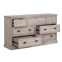 Eden Natural Gray acacia wood 7-drawer media dresser with some drawers open, showing ample storage.