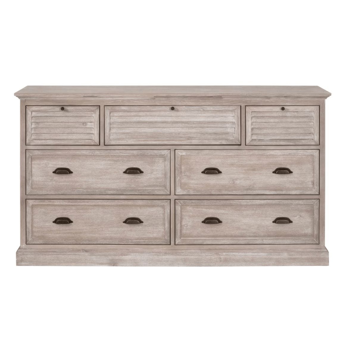Eden Natural Gray 7-drawer acacia wood media dresser with louvered top drawers and dark bronze hardware.