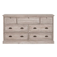 Eden Natural Gray 7-drawer acacia wood media dresser with louvered top drawers and dark bronze hardware.
