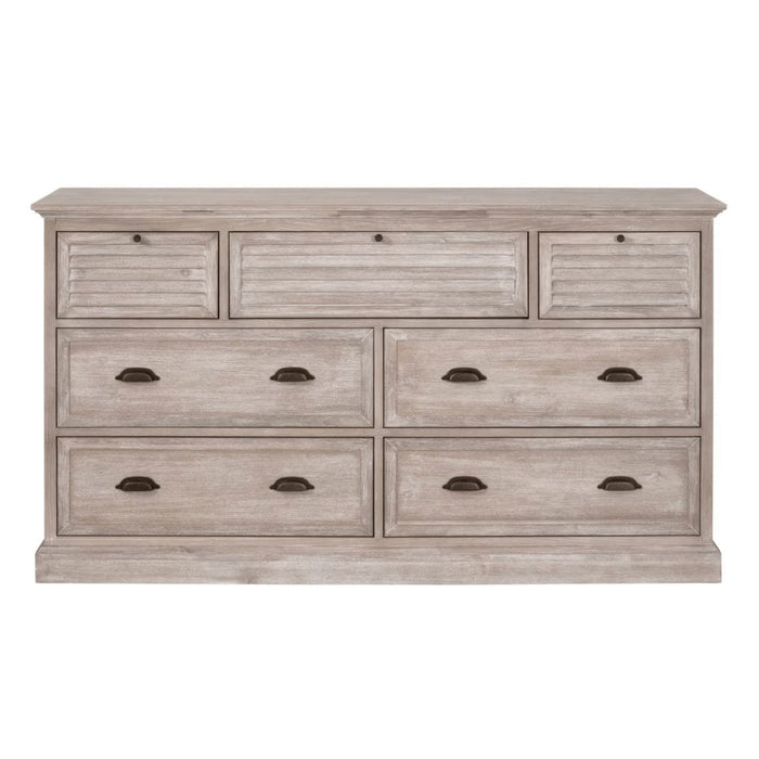 Eden Natural Gray 7-drawer acacia wood media dresser with louvered top drawers and dark bronze hardware.