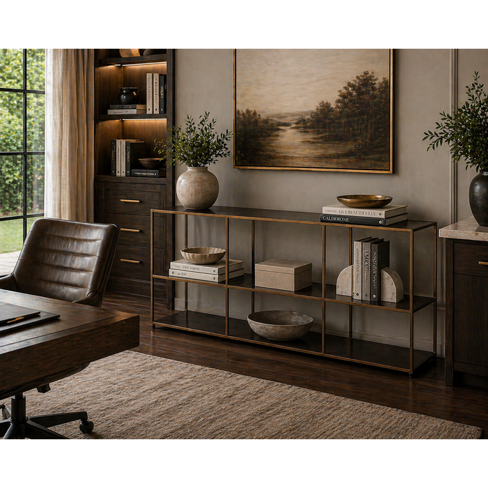Eiffel Low Bookcase - Large - Antique Brass - Bookcase Side View | Bone & Brass