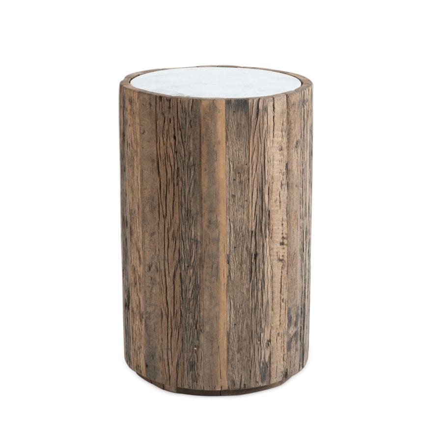 Eli Wood Side Table with a rustic reclaimed wood base and a smooth white marble top.