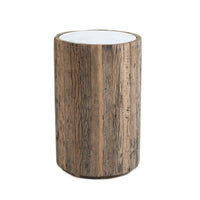 Eli Wood Side Table with a rustic reclaimed wood base and a smooth white marble top.