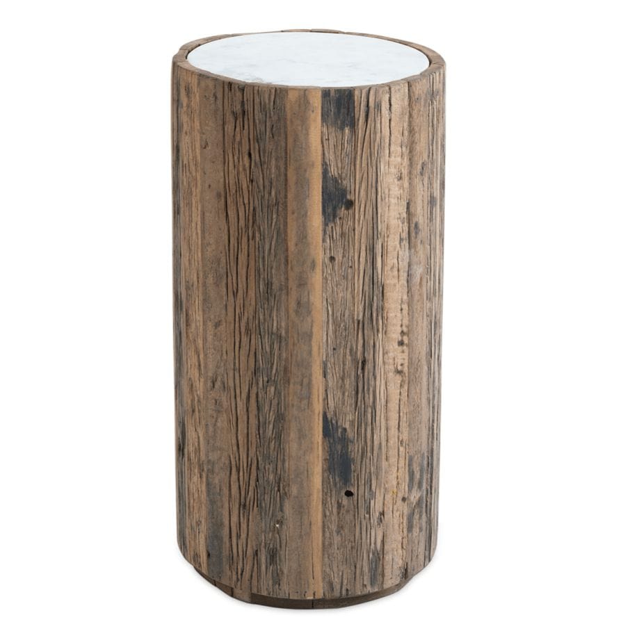 Eli Wood Side Table with a rustic reclaimed wood base and a smooth white marble top.