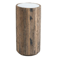 Eli Wood Side Table with a rustic reclaimed wood base and a smooth white marble top.