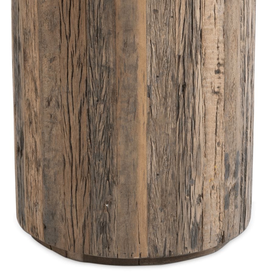 Rustic reclaimed wood base of the Eli Wood Side Table, showing natural grain and texture.