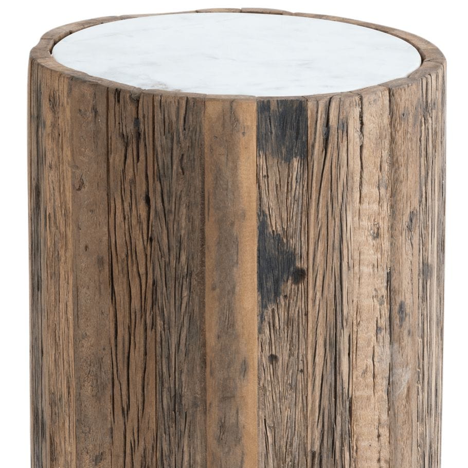 Eli Wood Side Table with a round white marble top and rustic reclaimed wood base.