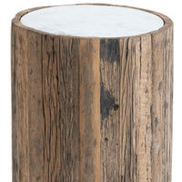 Eli Wood Side Table with a round white marble top and rustic reclaimed wood base.