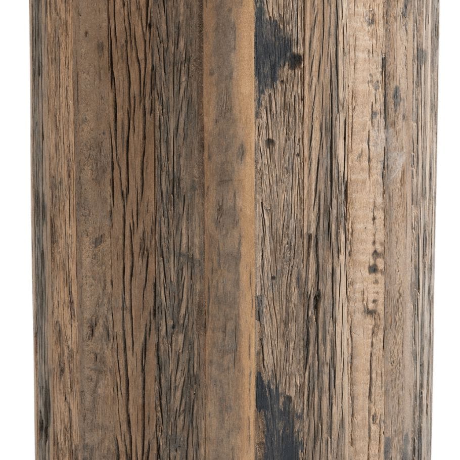 Rustic Eli Wood Side Table base, featuring textured reclaimed wood with dark and light brown tones.