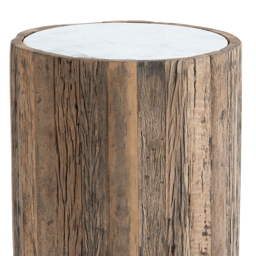 Eli Wood Side Table with a round white marble top and rustic reclaimed wood base.