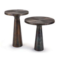 Two Ellis blackened zinc accent tables with ribbed tops and tapered bases.