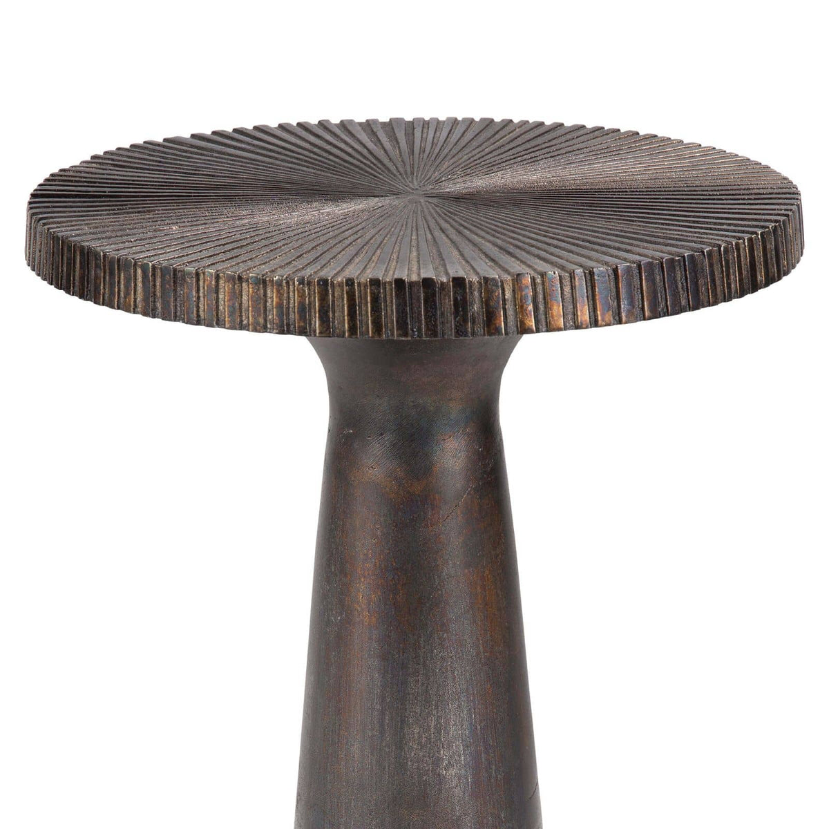 Ellis Blackened Zinc Accent Table with a ribbed, round top and flared base.
