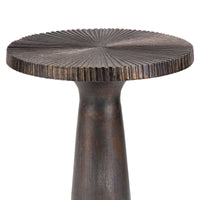 Ellis Blackened Zinc Accent Table with a ribbed, round top and flared base.