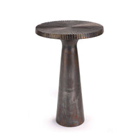 Ellis Blackened Zinc Accent Table, sand-casted aluminum with a textured round top and conical base.