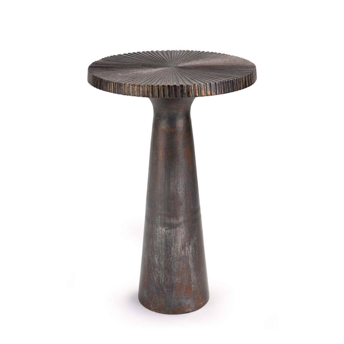 Ellis Blackened Zinc Accent Table, sand-casted aluminum with a textured round top and conical base.