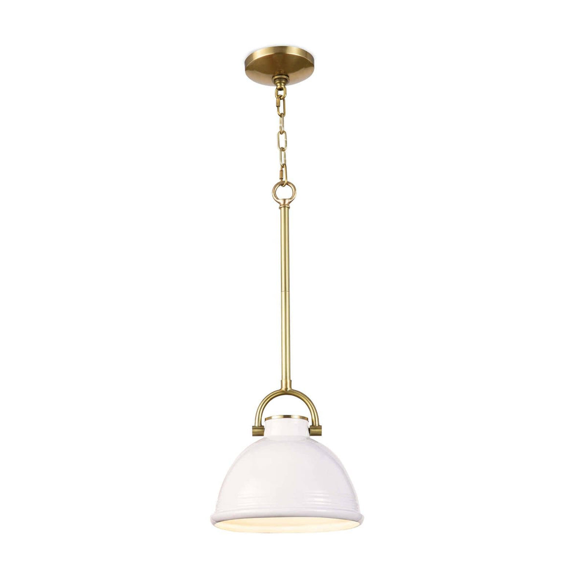 Small white ceramic Eloise pendant light with a dome shade and natural brass accents.
