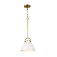 Small white ceramic Eloise pendant light with a dome shade and natural brass accents.