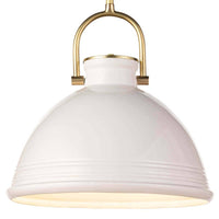 Eloise white ceramic pendant light with natural brass accents and a ribbed base.