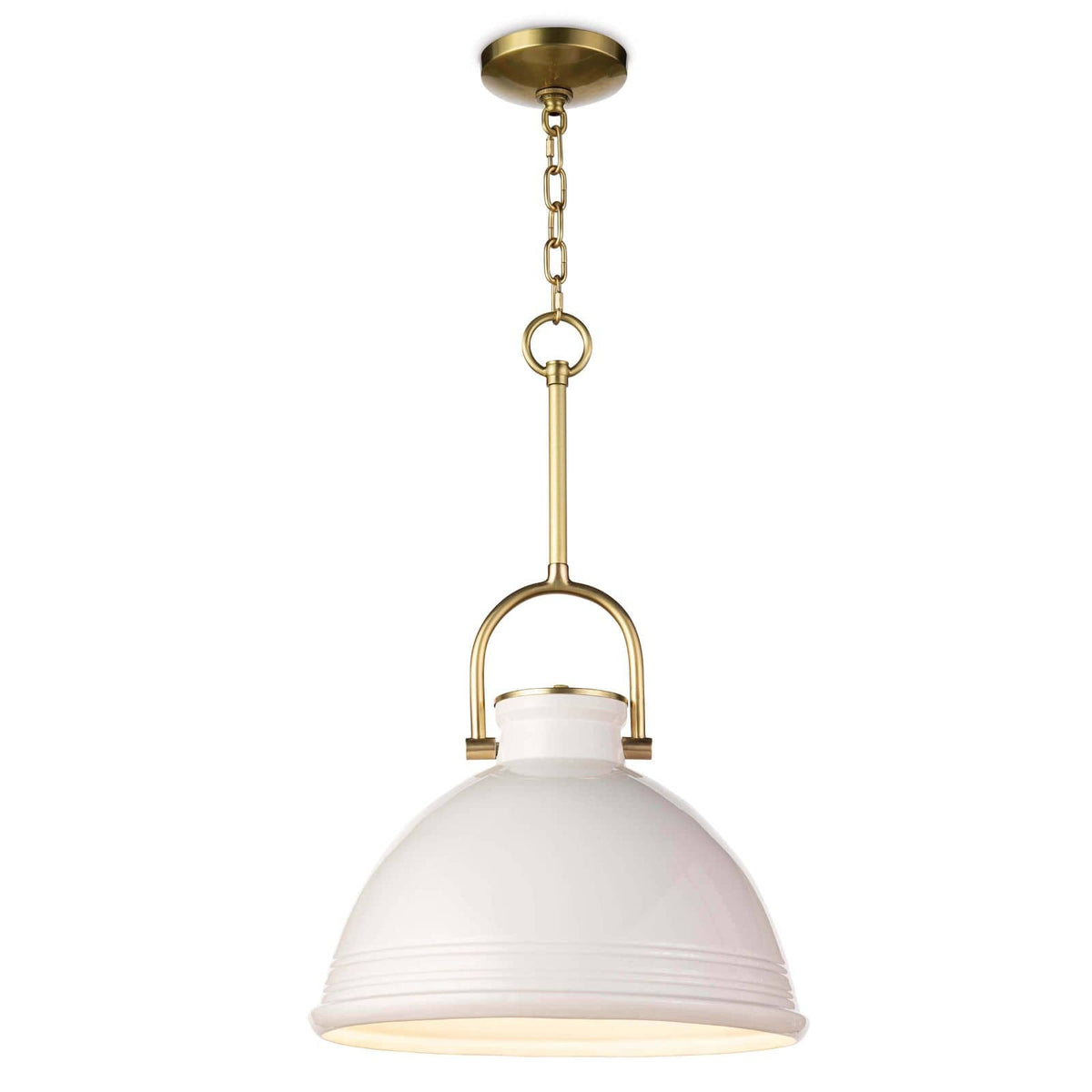 Eloise white ceramic pendant light with natural brass accents and a classic dome shape.