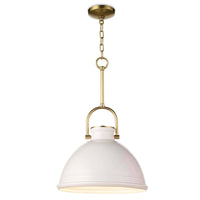 Eloise white ceramic pendant light with natural brass accents and a classic dome shape.