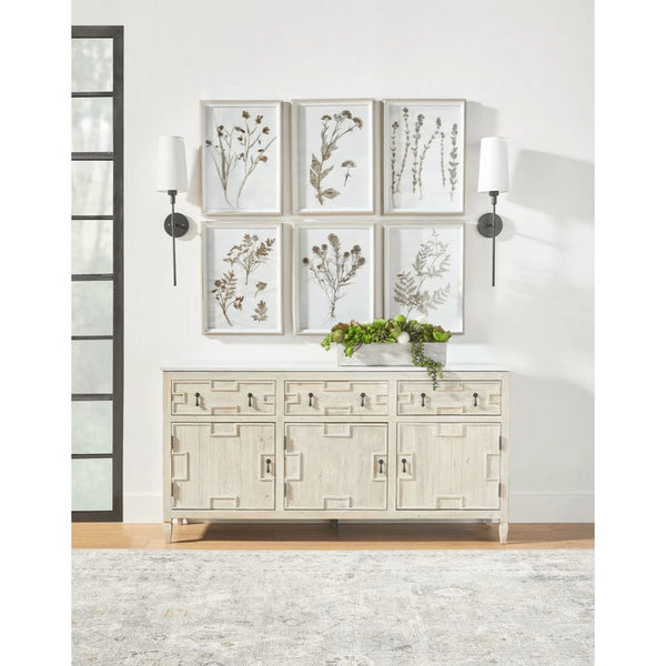 Emerie Media Sideboard: white and gray marble-look quartz top, light wood finish, geometric drawer/cabinet fronts.