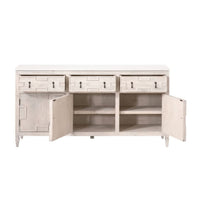 Emerie Media Sideboard with white and gray marble-look quartz top, three drawers, and two open cabinets.