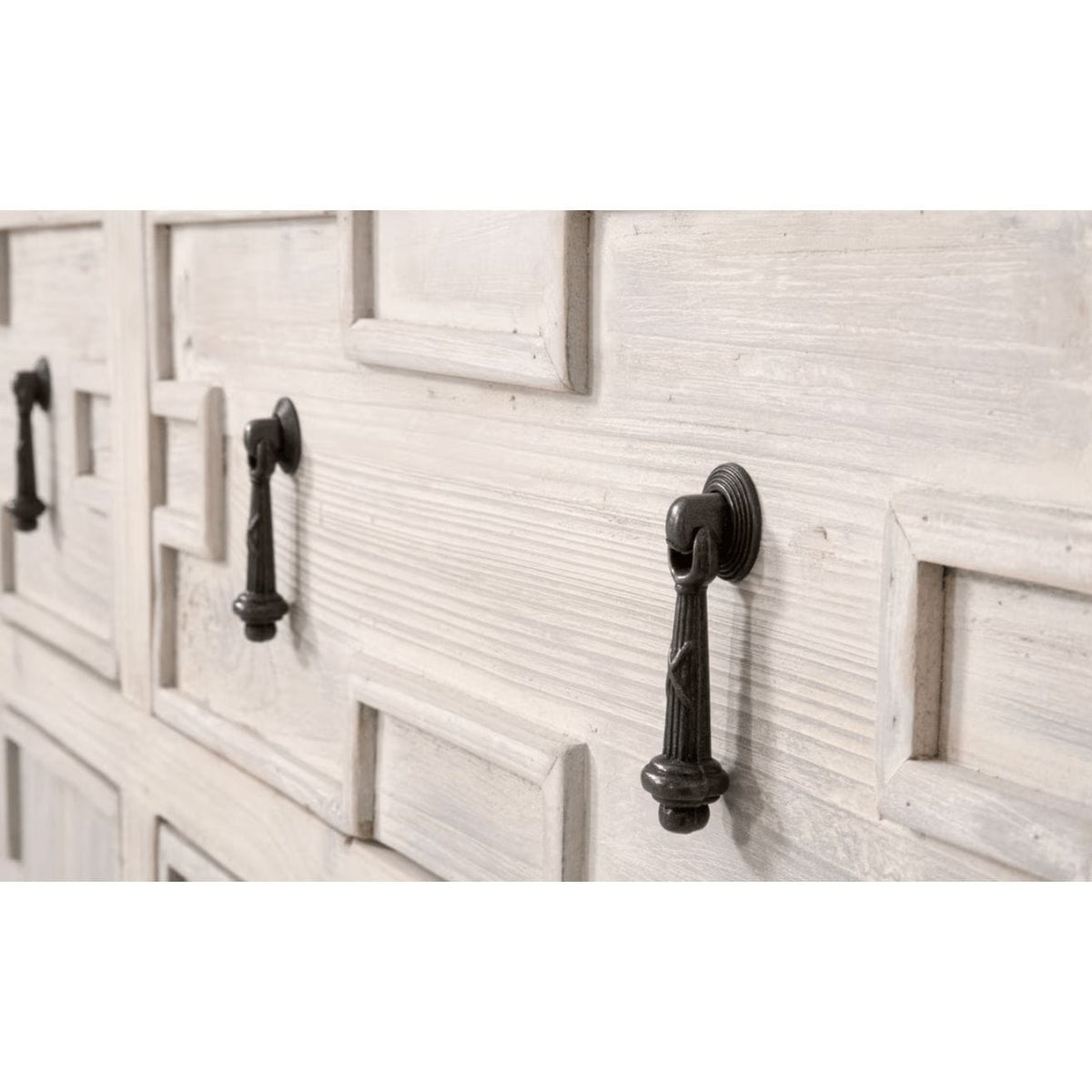 Emerie Media Sideboard with distressed white wood finish, recessed panel details, and dark metal drop pulls.