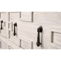 Emerie Media Sideboard with distressed white wood finish, recessed panel details, and dark metal drop pulls.
